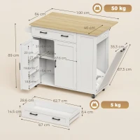 HOMCOM Ilha de Cozinha com Rodas, Tampo Extensível, Estação de Carregamento, Compartimento para Balde, Prateleiras nas Portas, Branco(m-3)