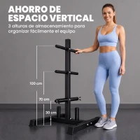 SPORTNOW Soporte para Discos de Pesas Carga 300 kg para Discos de 25 mm y 50 mm con 2 Estantes de Barra para Gimnasio Casa Negro(m-7)