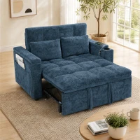 HOMCOM 2 Seater Sofa Bed, 3-in-1 Convertible Pull Out Sleeper Bed with Hidden Table, USB Port, Armrest Storage, Dark Blue(m-2)