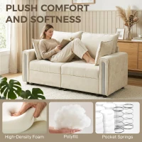 HOMCOM 2 Seater Sofa with Lift-Up Storage, 168 cm Comfy Velvet Small Couch with Wide Deep Seat, Plush Backrest, Thick Padding, 2 Pillows, Loveseat for Living Room, Home Office, Beige(m-4)