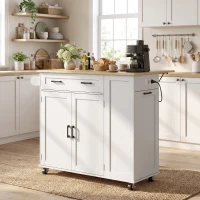 HOMCOM Ilha de Cozinha com Rodas, Tampo Extensível, Estação de Carregamento, Compartimento para Balde, Prateleiras nas Portas, Branco(m-12)