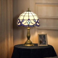 HOMCOM Candeeiro de Mesa Tiffany Vintage Candeeiro de Cabeceira com Abajur em Vidro Colorido para Quarto e Sala Azul(m-9)