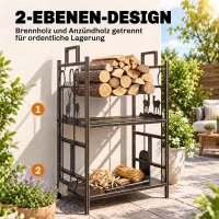 Outsunny Kaminholzständer mit Kaminbesteck, Brennholzregal Feuerholzablage Kaminwerkzeug Eisen Schwarz+Gold 51,5x33x77 cm(m-4)