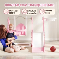 AIYAPLAY Escorrega Infantil 4 em 1 Parque Infantil com Baloiço e Escorrega Escalador Cesto de Basquetebol 147,5x160x107 cm Rosa(m-7)