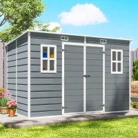 Outsunny Abri de Jardin en Résine 4,96m², Toit Incliné, Plancher, Fenêtres, Aérations, Portes Verrouillables, 303x183x197cm, Gris(m-2)