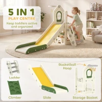 AIYAPLAY Foldable 5 in 1 Toddler Slide with Ladder, Climbing Wall, Basketball Hoop, Storage and Basketball for 1-3 Years, Cream(m-4)