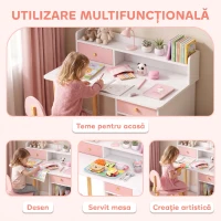 AIYAPLAY Set birou și scaun pentru copii din lemn, cu 2 sertare și rafturi, pentru cameră, birou sau grădiniță, roz(m-4)