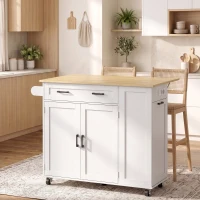 HOMCOM Ilha de Cozinha com Rodas, Tampo Extensível, Estação de Carregamento, Compartimento para Balde, Prateleiras nas Portas, Branco(m-9)