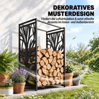 HOMCOM Kaminholzregal für innen Stahl 46 x 30 x 70cm Brennholzregal mit 4 Kaminwerkzeug 4 Haken Kaminbesteck Set Kaminholzständer für Kamin Ofen Feuerholzregal Kaminholzhalter für Feuerholz, Schwarz(m-4)