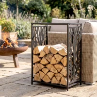 HOMCOM Kaminholzregal für innen Stahl 46 x 30 x 70cm Brennholzregal mit 4 Kaminwerkzeug 4 Haken Kaminbesteck Set Kaminholzständer für Kamin Ofen Feuerholzregal Kaminholzhalter für Feuerholz, Schwarz(m-8)
