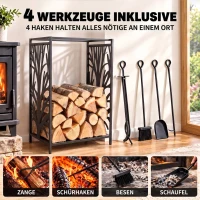 HOMCOM Kaminholzregal für innen Stahl 46 x 30 x 70cm Brennholzregal mit 4 Kaminwerkzeug 4 Haken Kaminbesteck Set Kaminholzständer für Kamin Ofen Feuerholzregal Kaminholzhalter für Feuerholz, Schwarz(m-5)
