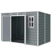Outsunny Abri de Jardin en Résine 4,96m², Toit Incliné, Plancher, Fenêtres, Aérations, Portes Verrouillables, 303x183x197cm, Gris(m-18)