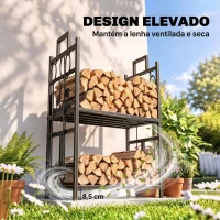 Outsunny Suporte para Lenha de Ferro Forjado de 2 Níveis com 4 Ferramentas para Interior e Exterior 51,5x33x77 cm Preto e Dourado(m-7)