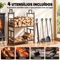 Outsunny Suporte para Lenha de Ferro Forjado de 2 Níveis com 4 Ferramentas para Interior e Exterior 51,5x33x77 cm Preto e Dourado(m-5)