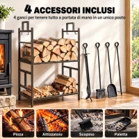 Outsunny Portalegna in Ferro Battuto con Attrezzi per Camino, Manici e Base Rialzata, 51.5x33x77cm, Nero(m-5)