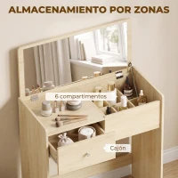 HOMCOM Tocador con Espejo Abatible y Taburete Mesa de Maquillaje con Cajón y 6 Compartimentos 81x40x117 cm Roble(m-6)