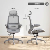 HOMCOM Cadeira de Escritório Ergonómica com Apoio Lombar Dinâmico, Reclinação 135°, Encosto de Cabeça e Apoios de Braços Ajustáveis, Cinzento(m-3)