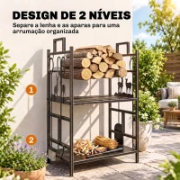 Outsunny Suporte para Lenha de Ferro Forjado de 2 Níveis com 4 Ferramentas para Interior e Exterior 51,5x33x77 cm Preto e Dourado(m-4)