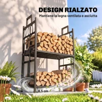 Outsunny Portalegna in Ferro Battuto con Attrezzi per Camino, Manici e Base Rialzata, 51.5x33x77cm, Nero(m-7)