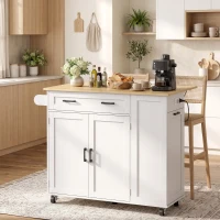 HOMCOM Ilha de Cozinha com Rodas, Tampo Extensível, Estação de Carregamento, Compartimento para Balde, Prateleiras nas Portas, Branco(m-11)