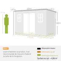 Outsunny Abri de Jardin en Résine 4,96m², Toit Incliné, Plancher, Fenêtres, Aérations, Portes Verrouillables, 303x183x197cm, Gris(m-3)
