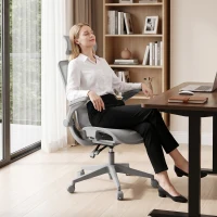 HOMCOM Cadeira de Escritório Ergonómica com Apoio Lombar Dinâmico, Reclinação 135°, Encosto de Cabeça e Apoios de Braços Ajustáveis, Cinzento(m-9)