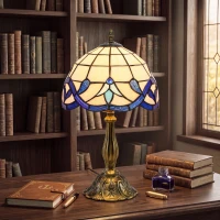 HOMCOM Candeeiro de Mesa Tiffany Vintage Candeeiro de Cabeceira com Abajur em Vidro Colorido para Quarto e Sala Azul(m-8)