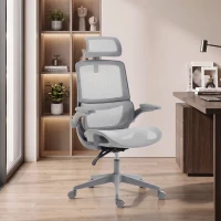 HOMCOM Cadeira de Escritório Ergonómica com Apoio Lombar Dinâmico, Reclinação 135°, Encosto de Cabeça e Apoios de Braços Ajustáveis, Cinzento(m-8)