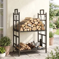 Outsunny Suporte para Lenha de Ferro Forjado de 2 Níveis com 4 Ferramentas para Interior e Exterior 51,5x33x77 cm Preto e Dourado(m-8)