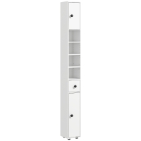 kleankin Mueble Auxiliar Baño Moderno con 1 Cajón 5 Estantes y 2 Armarios para Salón Dormitorio Carga 30 kg 20x20x180 cm Blanco