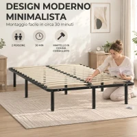 HOMCOM Struttura Letto Matrimoniale con 28 Doghe in Legno e Acciaio, 120x190x31 cm, Nero e Legno(m-7)