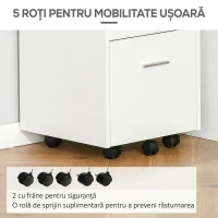 Vinsetto Dulap cu Sertare Blocabile, 2 Chei Incluse, cu 5 roti cu rotatie la 360°, cu 2 Chei, Alb(m-5)