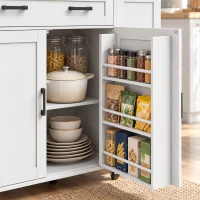 HOMCOM Ilha de Cozinha com Rodas, Tampo Extensível, Estação de Carregamento, Compartimento para Balde, Prateleiras nas Portas, Branco(m-15)