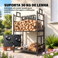 Outsunny Suporte para Lenha de Ferro Forjado de 2 Níveis com 4 Ferramentas para Interior e Exterior 51,5x33x77 cm Preto e Dourado(m-6)
