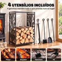 HOMCOM Suporte para Lenhas Suporte de Armazenamento para Lenhas 46x30x70 cm com 4 Ferramentas para Interior e Exterior Preto(m-5)