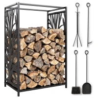 HOMCOM Suporte para Lenhas Suporte de Armazenamento para Lenhas 46x30x70 cm com 4 Ferramentas para Interior e Exterior Preto(m-1)