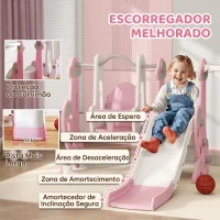 AIYAPLAY Escorrega Infantil 4 em 1 Parque Infantil com Baloiço e Escorrega Escalador Cesto de Basquetebol 147,5x160x107 cm Rosa(m-5)