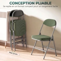 HOMCOM Lot de 2 chaises pliantes chaises de salle à manger portables avec assises et dossiers rembourrés en velours côtelé vert(m-5)