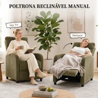 HOMCOM Cadeirão Relax Reclinável em Bombazina até 135° com Apoio para os Pés, Encosto Alto e Acolchoamento Espesso Verde-Escuro(m-4)