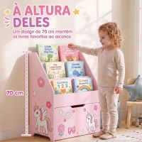 AIYAPLAY Estante Infantil para Livros com Gaveta Móvel e 3 Prateleiras, Design Unicórnio, Montessori, 3-8 Anos, Rosa(m-5)