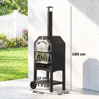 Outsunny Outdoor Garden Pizza Oven Charcoal BBQ Grill 3-Tier Freestanding w/ Chimney, Mesh Shelf, Thermometer Handles, Wheels Garden Party Gathering Steel Cooker(m-3)