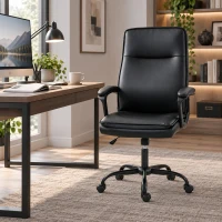 HOMCOM Scaun de Birou Rotativ din Piele PU, Funcție Legănare, Spătar Înalt, Reglabil pe Înălțime, Suportă 120 kg, Negru(m-2)