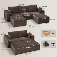 HOMCOM Sofa modułowa U 287 cm, bezramowa, szerokie i głębokie siedzisko, sztruks, pianka High Density, bez montażu, khaki(m-3)