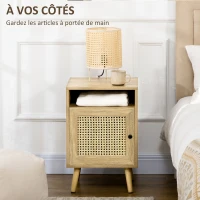 HOMCOM Table de chevet table de nuit avec placard porte cannage et niche design vintage 39 x 35 x 60 cm naturel(m-4)