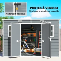 Outsunny Abri de Jardin en Résine 4,96m², Toit Incliné, Plancher, Fenêtres, Aérations, Portes Verrouillables, 303x183x197cm, Gris(m-6)