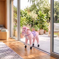 AIYAPLAY Cavalo de Brincar com Rodas, Som de Cascos, Música, Pedais e Pegas, Estrutura Metálica, +3 Anos, 50 kg, Rosa(m-4)
