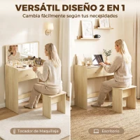 HOMCOM Tocador con Espejo Abatible y Taburete Mesa de Maquillaje con Cajón y 6 Compartimentos 81x40x117 cm Roble(m-4)