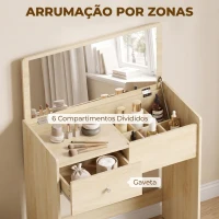 HOMCOM Toucador com Espelho Rebatível e Banco, Mesa de Maquilhagem com Gaveta e 6 Compartimentos, 81x40x86 cm, Carvalho(m-6)