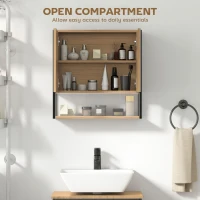 HOMCOM Bathroom Mirror Cabinet with Soft-Close Doors and Adjustable Shelf - Natural Wood Finish(m-7)