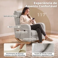 HOMCOM Cadeira de Baloiço em Bombazina com Encosto Alto, Pés de Madeira, Bolsos, Apoios de Braços e Estilo Moderno, Cinzento-Claro(m-5)